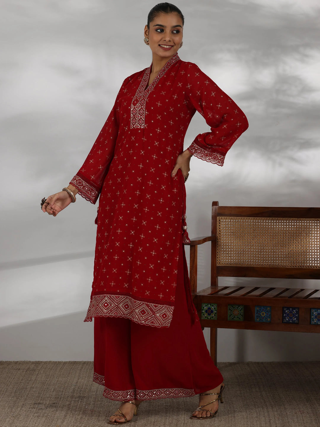  Red Printed Georgette Straight Suit With Dupatta 
