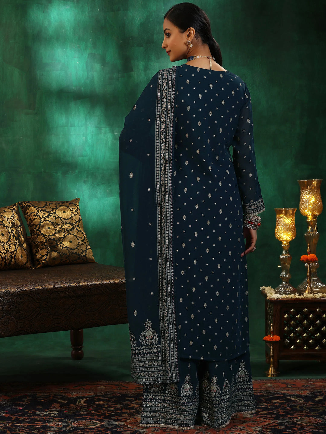 Blue Printed Georgette Straight Suit With Dupatta 