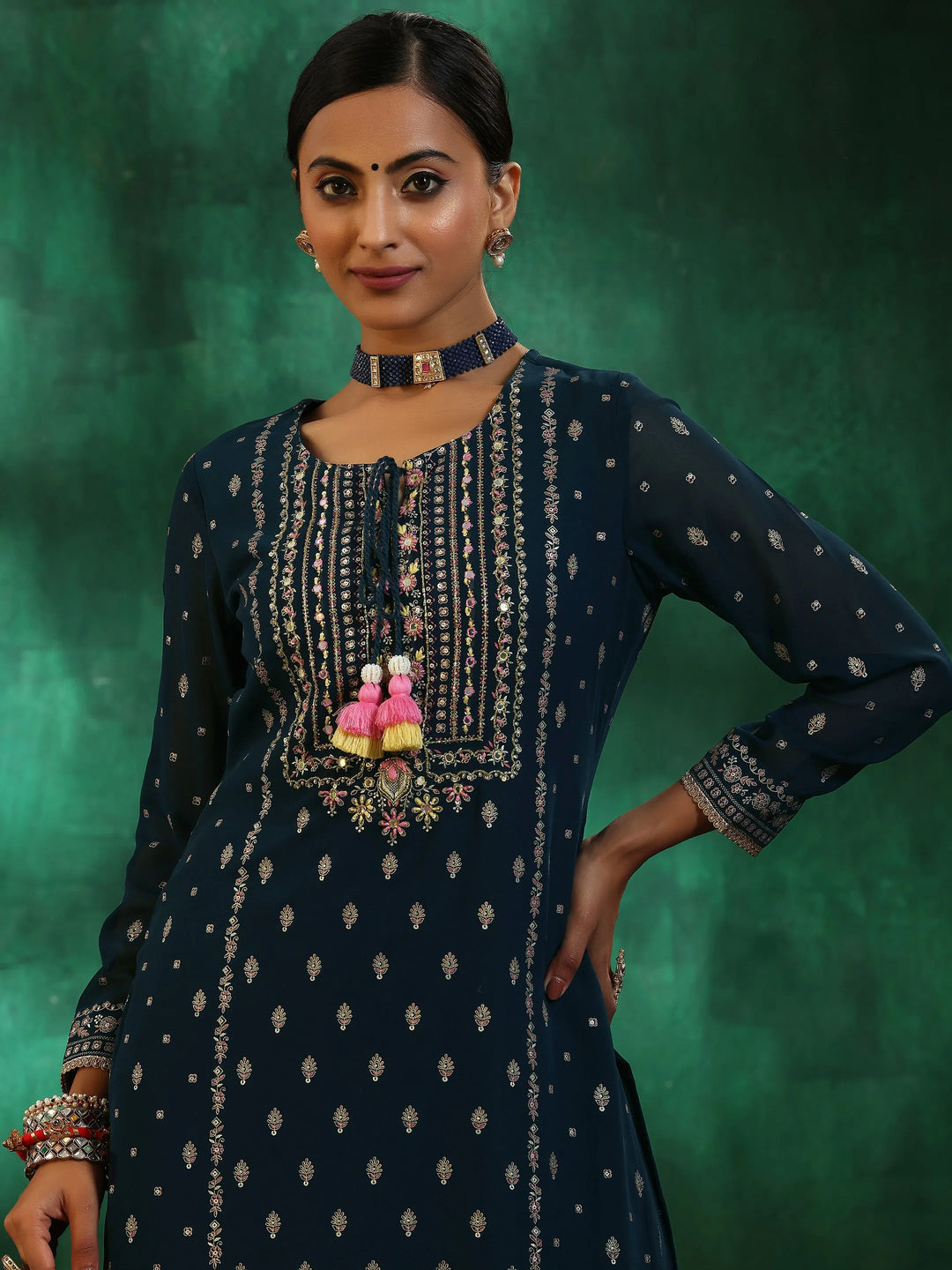 Blue Printed Georgette Straight Suit With Dupatta 