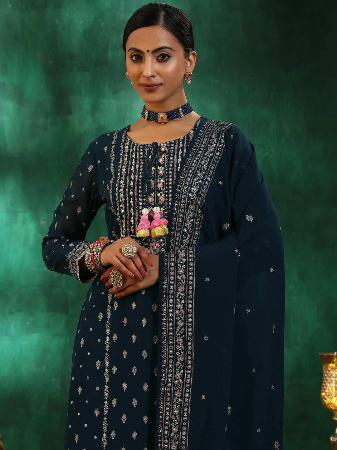  Blue Printed Georgette Straight Suit With Dupatta 
