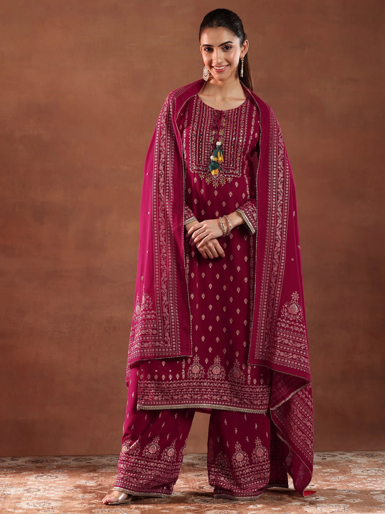 Libas Pink Printed Georgette Straight Suit With Dupatta