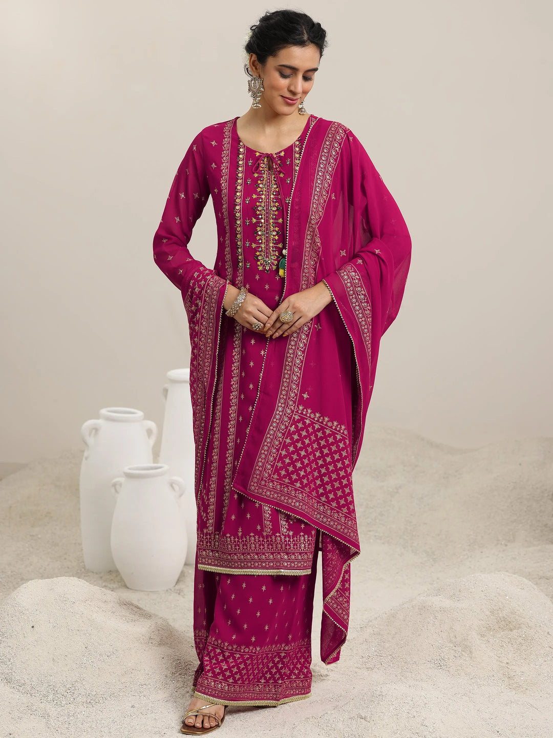  Pink Printed Georgette Straight Suit With Dupatta 
