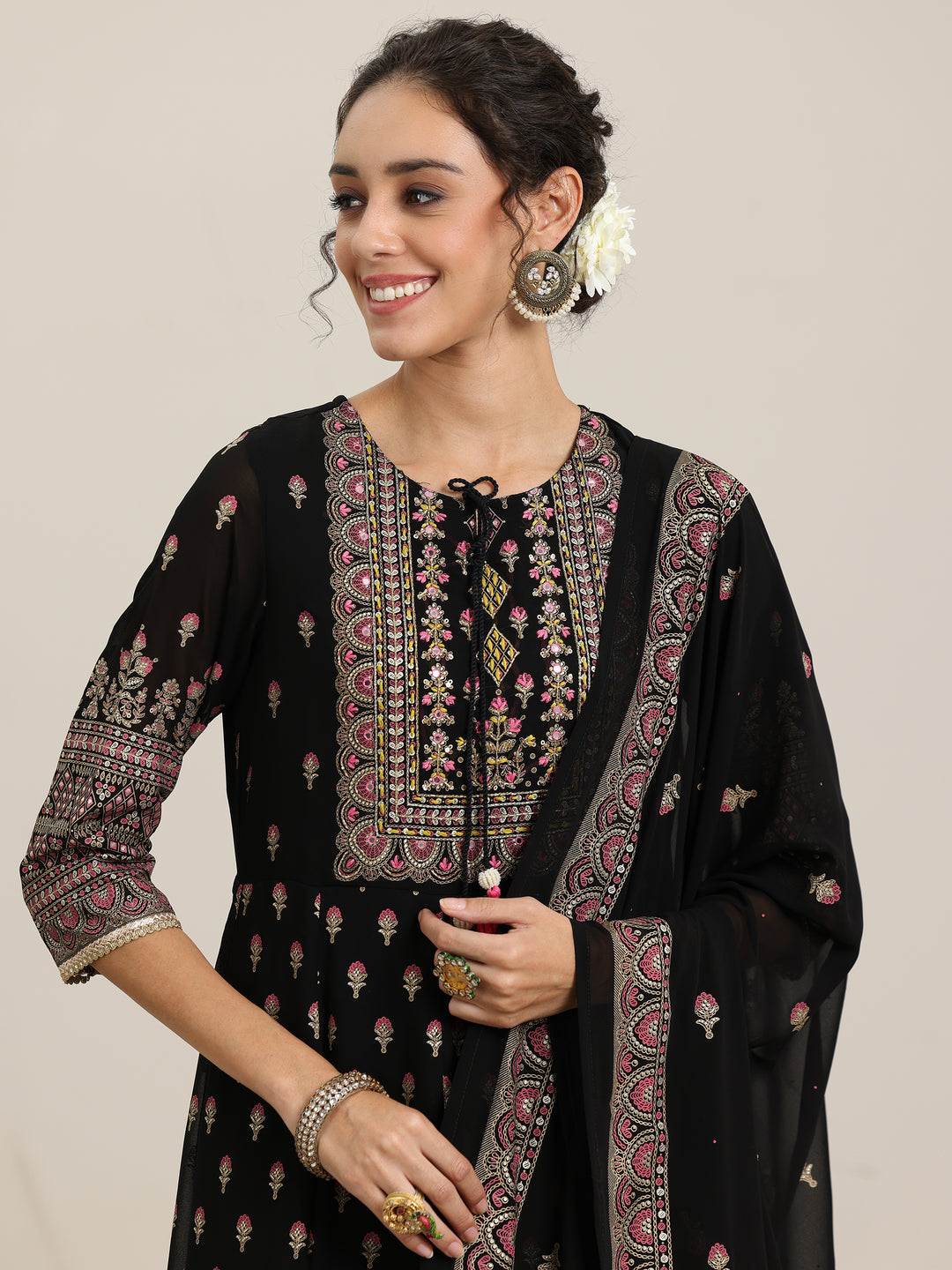  Black Printed Georgette Anarkali Suit With Dupatta 