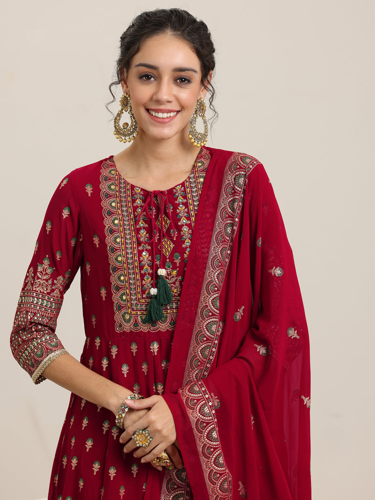 Libas Red Printed Georgette Anarkali Suit With Dupatta