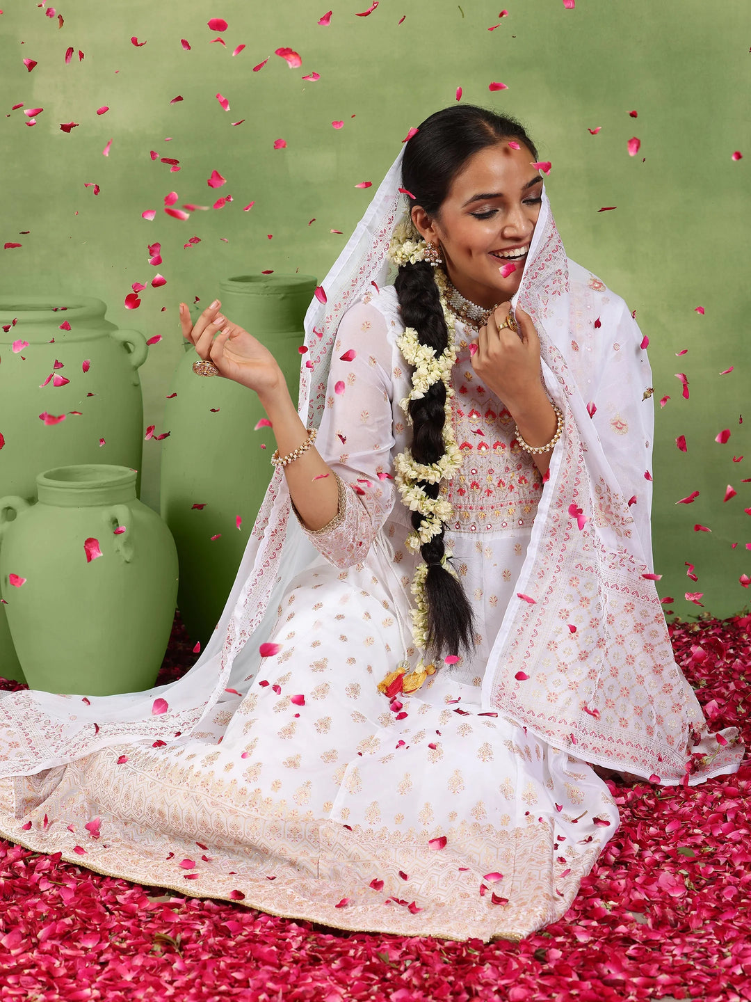  Off White Printed Organza Anarkali Suit With Dupatta 