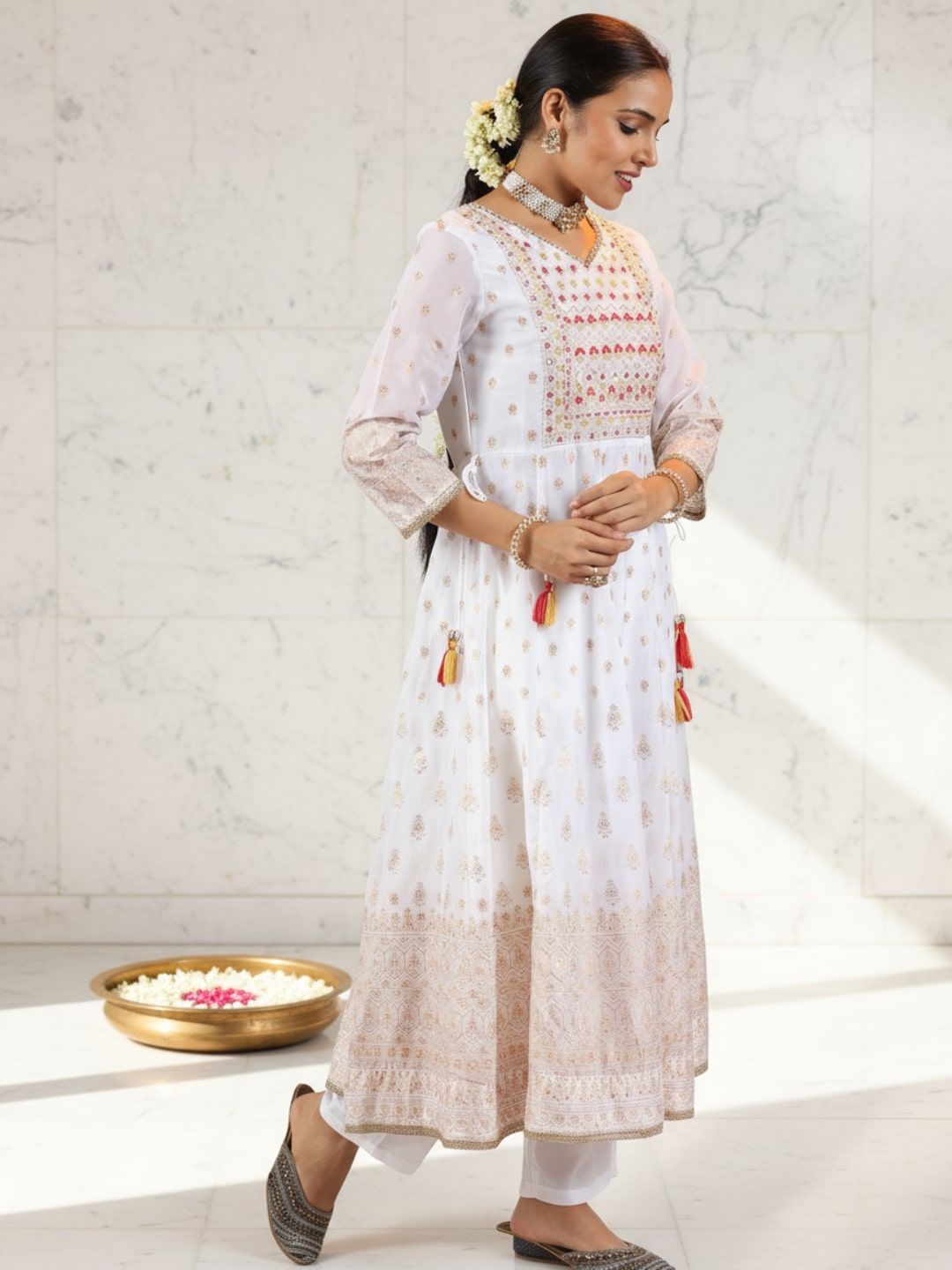  Off White Printed Organza Anarkali Suit With Dupatta 