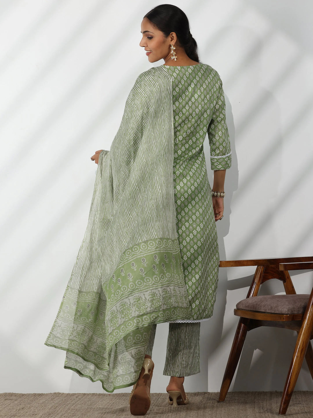  Green Printed Cotton Straight Suit With Dupatta 