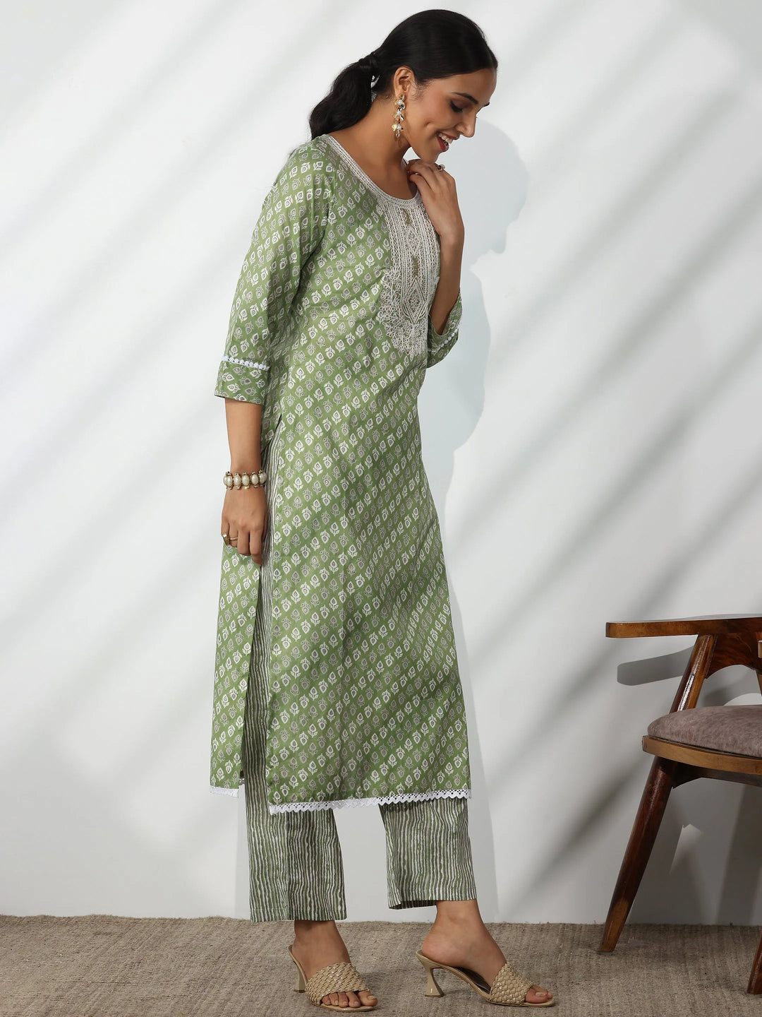  Green Printed Cotton Straight Suit With Dupatta 
