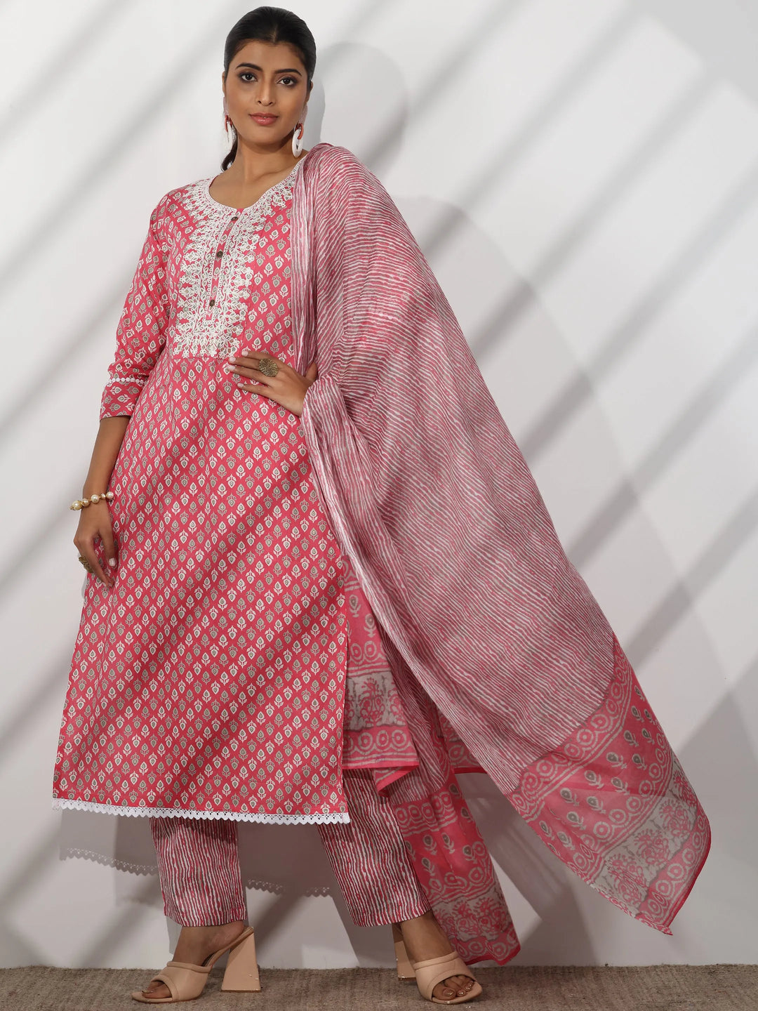 Pink Printed Cotton Straight Suit With Dupatta