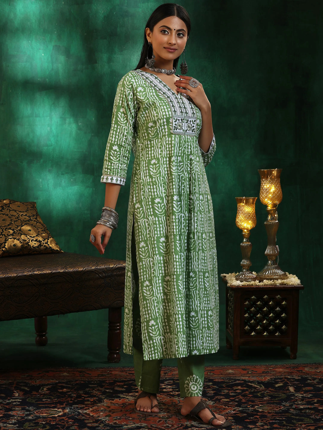  Green Printed Cotton Straight Suit With Dupatta 