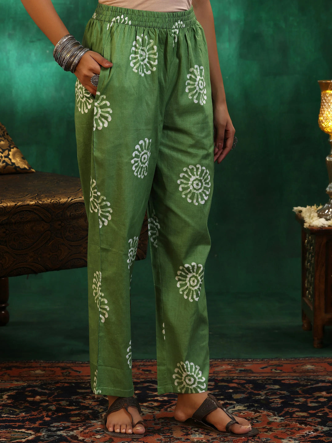  Green Printed Cotton Straight Suit With Dupatta 