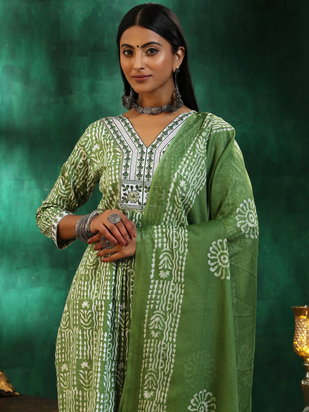  Green Printed Cotton Straight Suit With Dupatta 