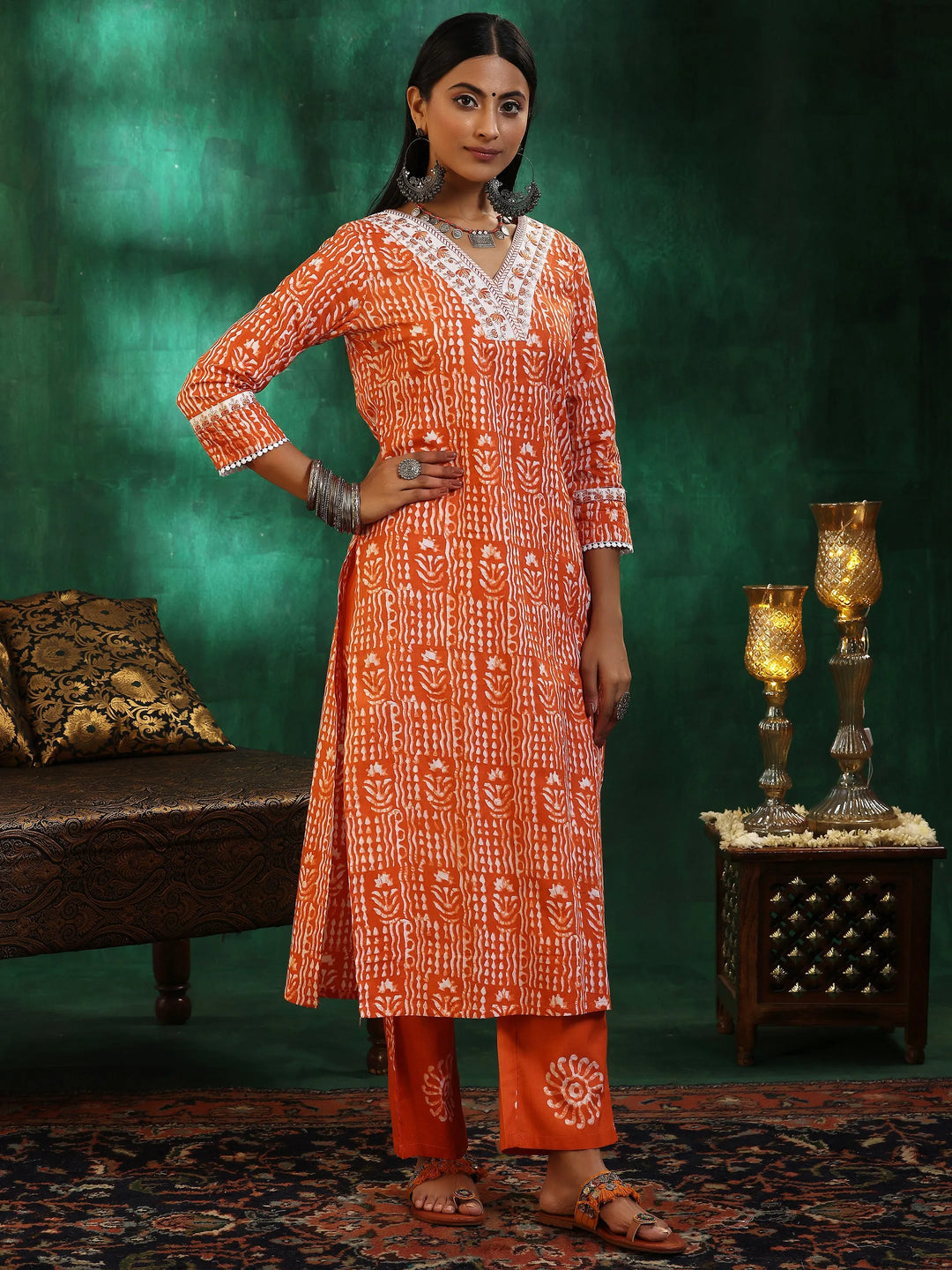  Orange Printed Cotton Straight Suit With Dupatta 