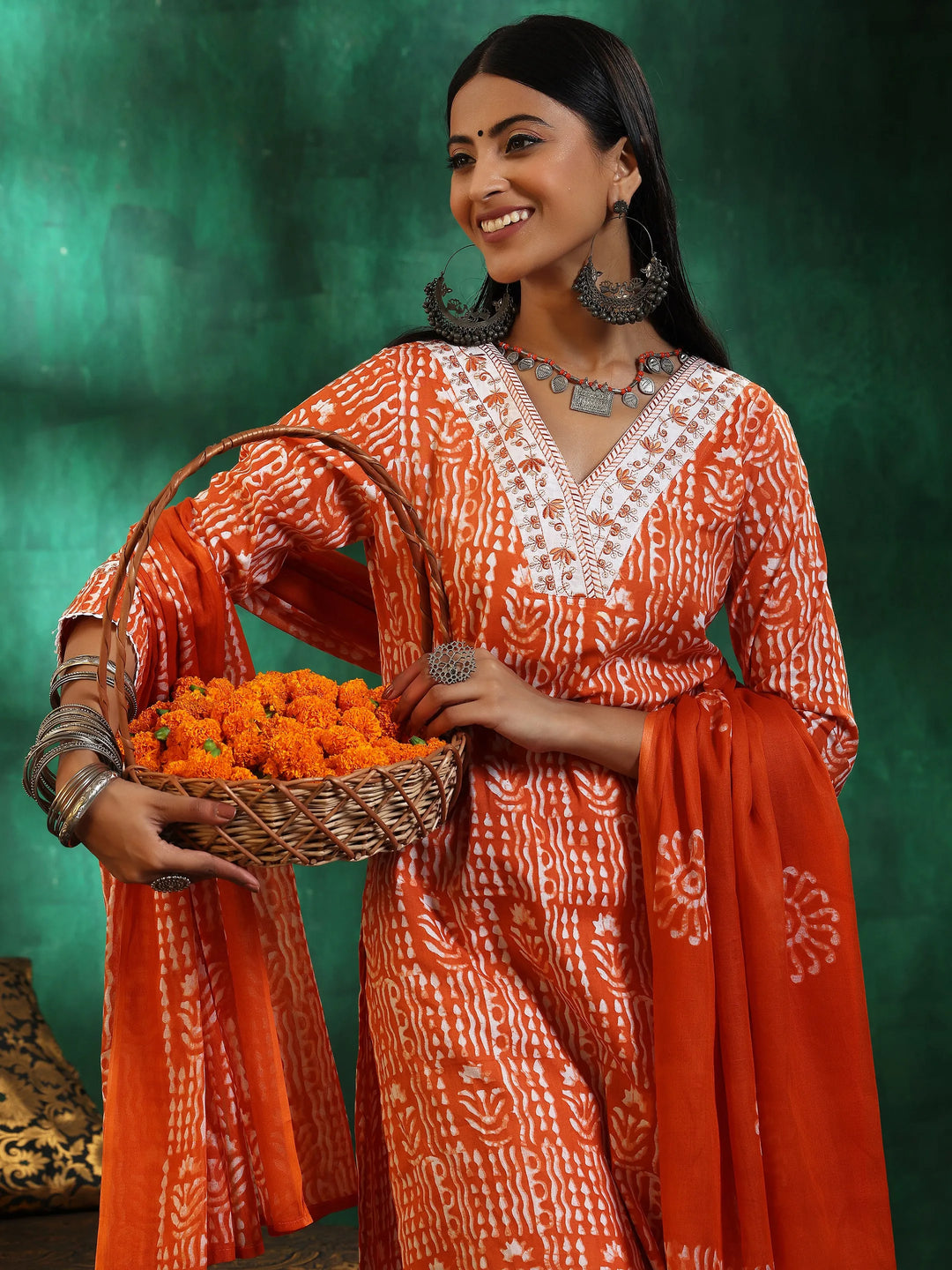  Orange Printed Cotton Straight Suit With Dupatta 