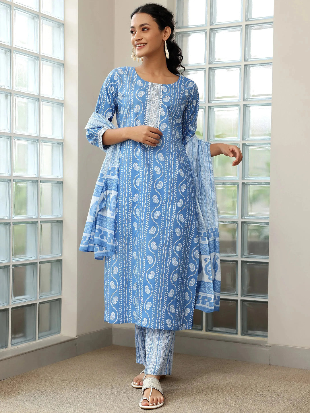  Blue Printed Cotton Straight Suit With Dupatta 
