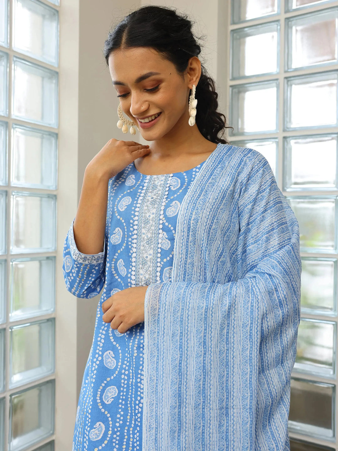  Blue Printed Cotton Straight Suit With Dupatta 