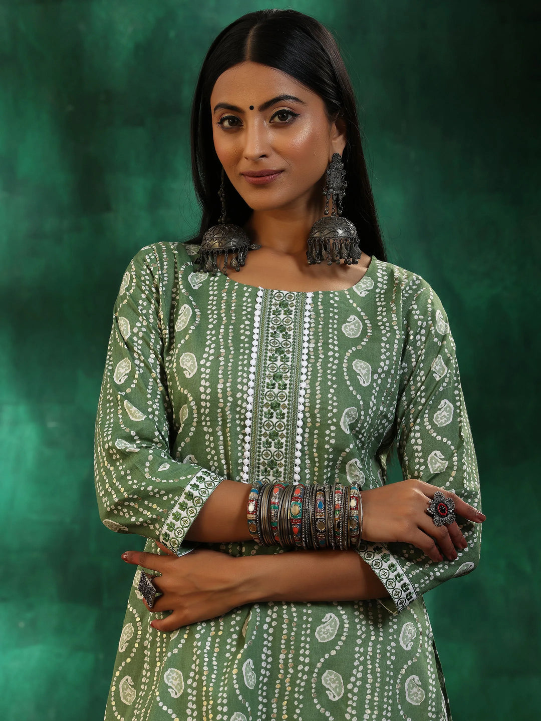  Green Printed Cotton Straight Suit With Dupatta 