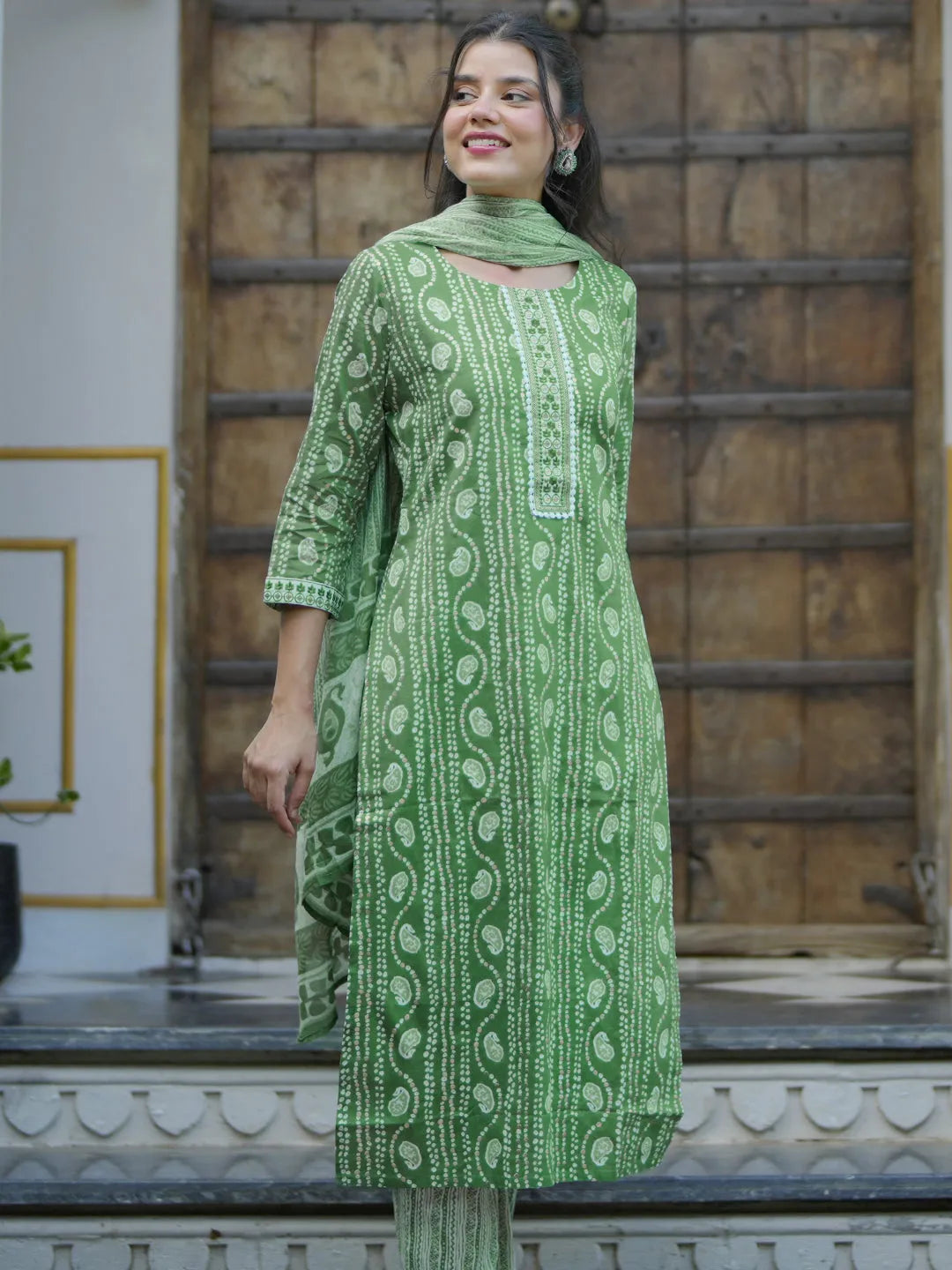  Green Printed Cotton Straight Suit With Dupatta 