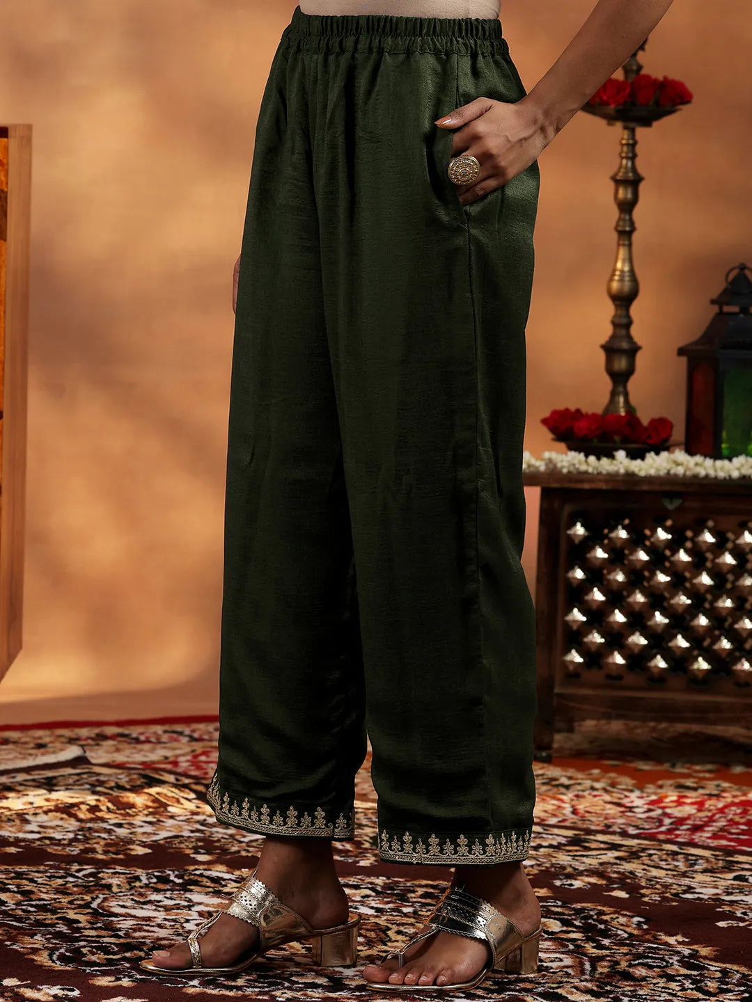  Olive Embroidered Silk Blend Straight Suit With Dupatta 