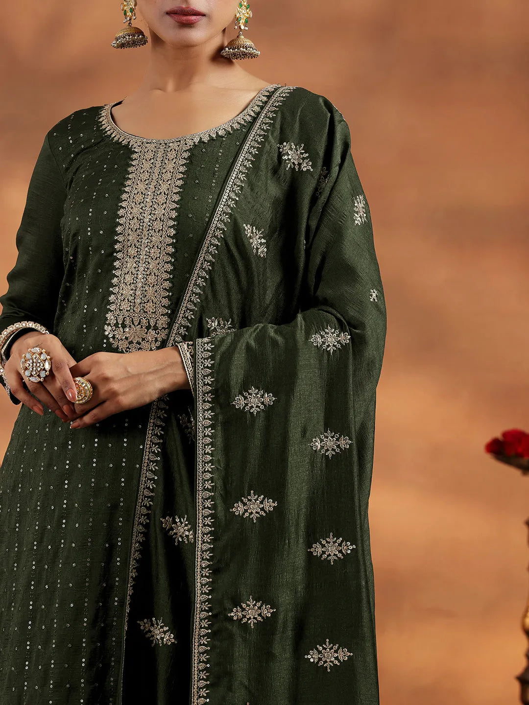  Olive Embroidered Silk Blend Straight Suit With Dupatta 
