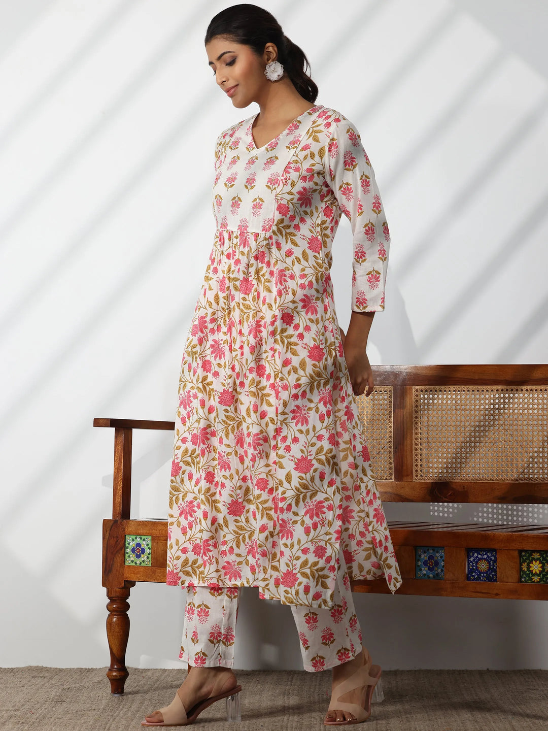  White Printed Cotton A-Line Kurta With Trousers & Dupatta 