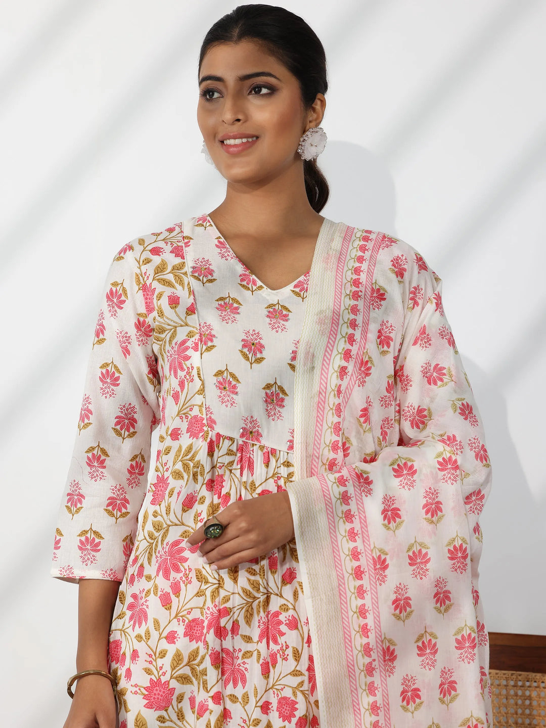 White Printed Cotton A-Line Kurta With Trousers & Dupatta 
