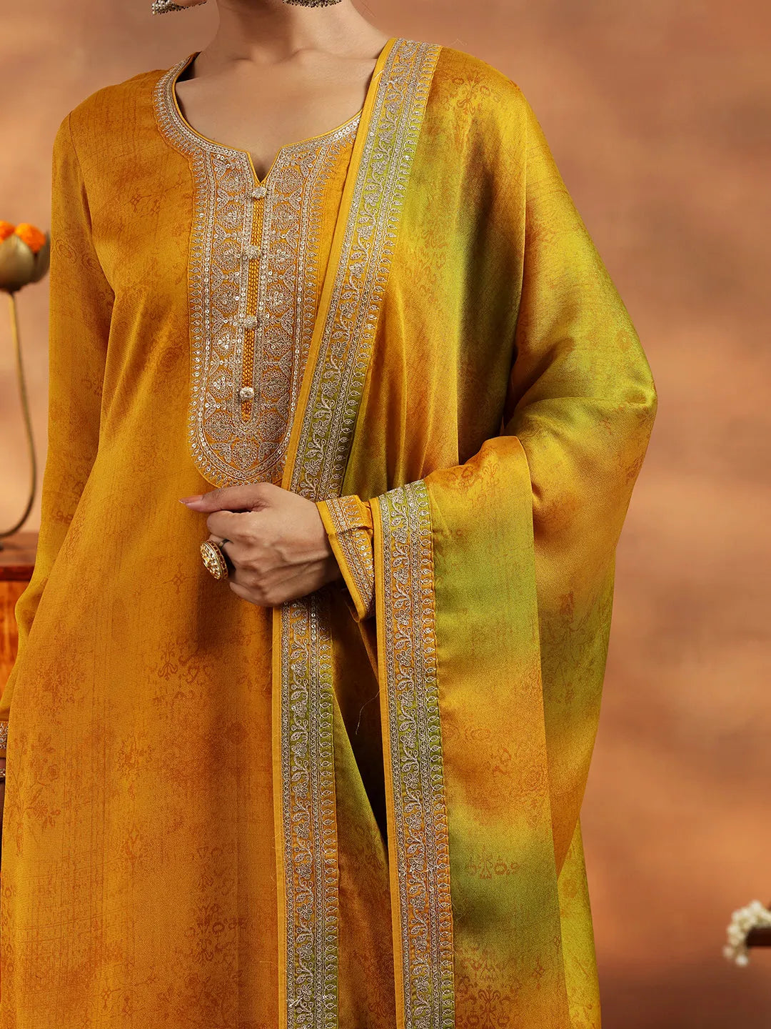  Mustard Embroidered Silk Blend Straight Suit With Dupatta 