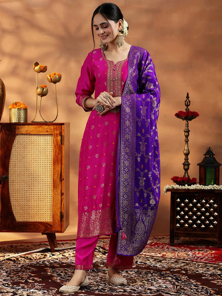 Libas Pink Woven Design Silk Blend Straight Suit With Dupatta