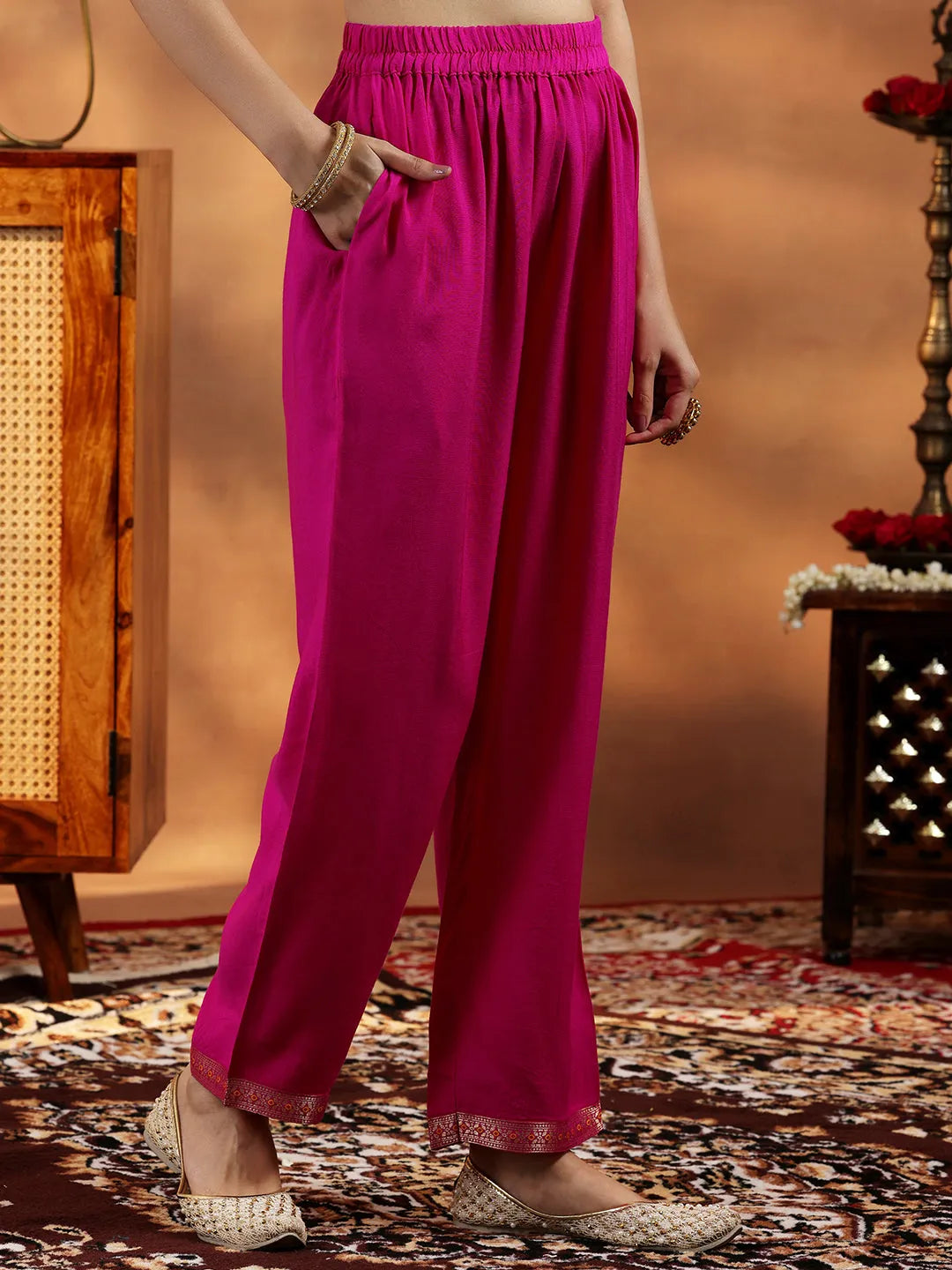  Pink Woven Design Silk Blend Straight Suit With Dupatta 