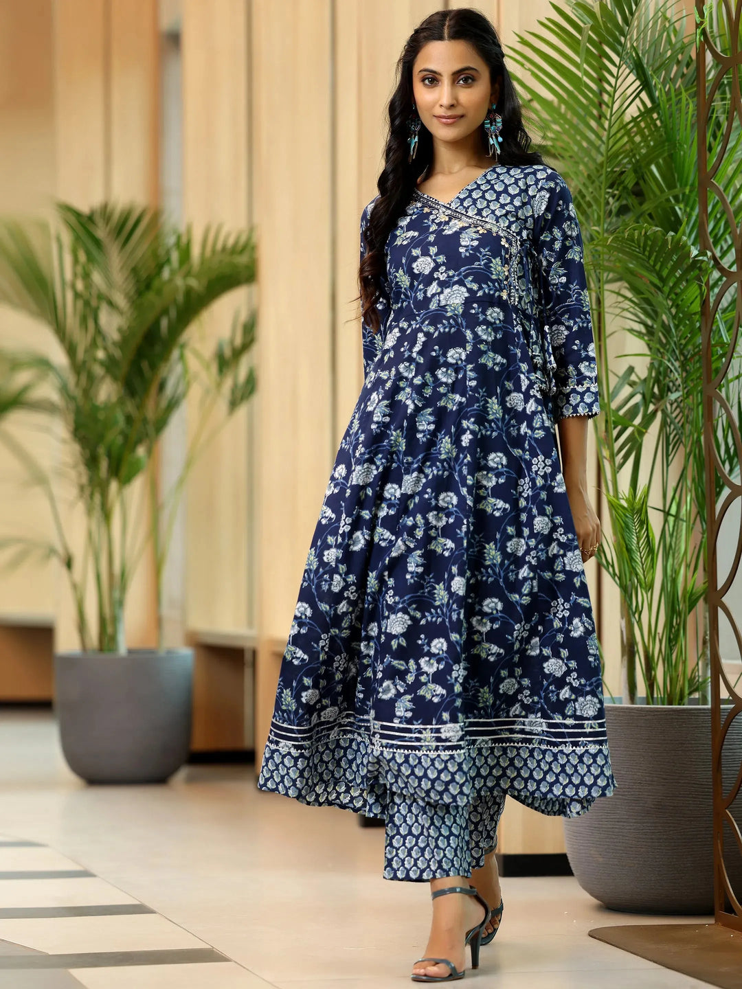 Blue Printed Cotton Anarkali Kurta Set 