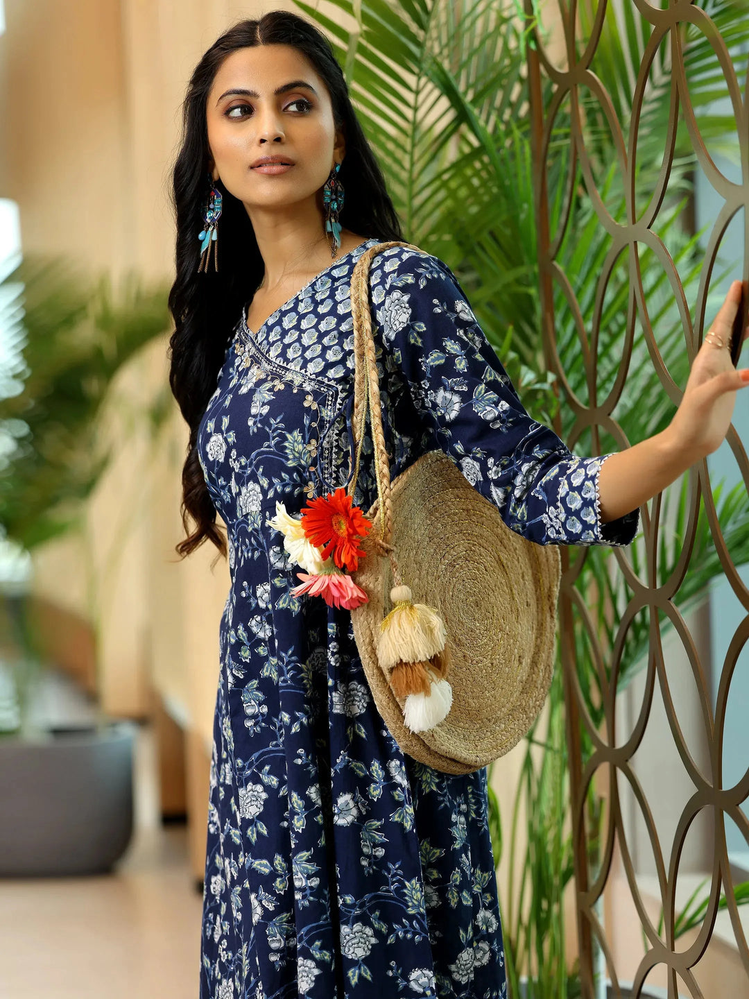  Blue Printed Cotton Anarkali Kurta Set 
