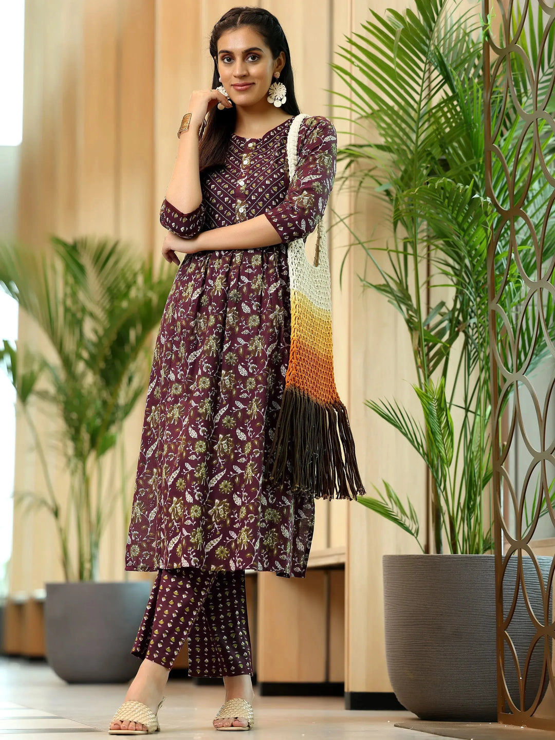  Brown Printed Cotton A-Line Kurta With Trousers 