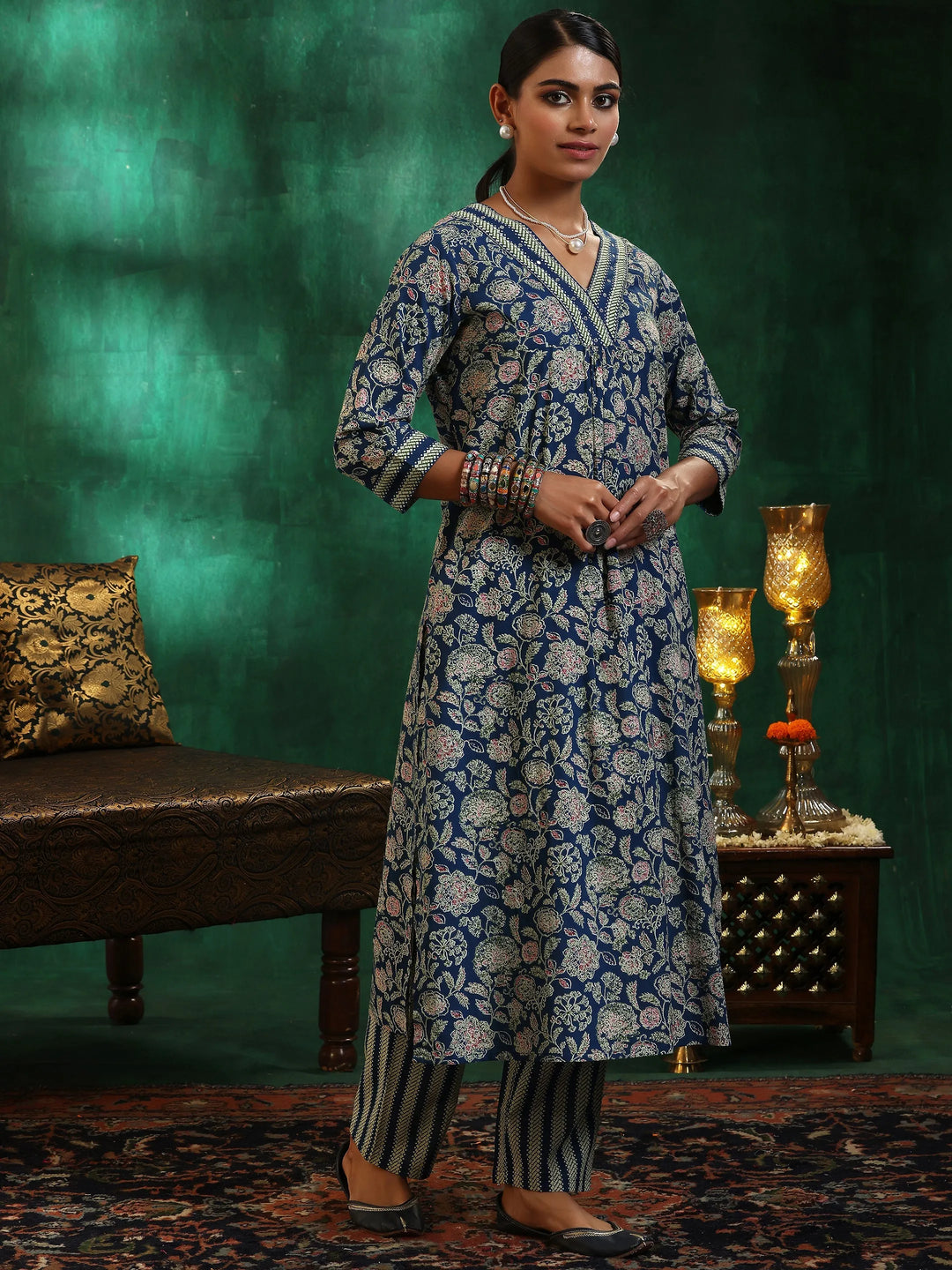  Blue Printed Cotton Straight Kurta Set 