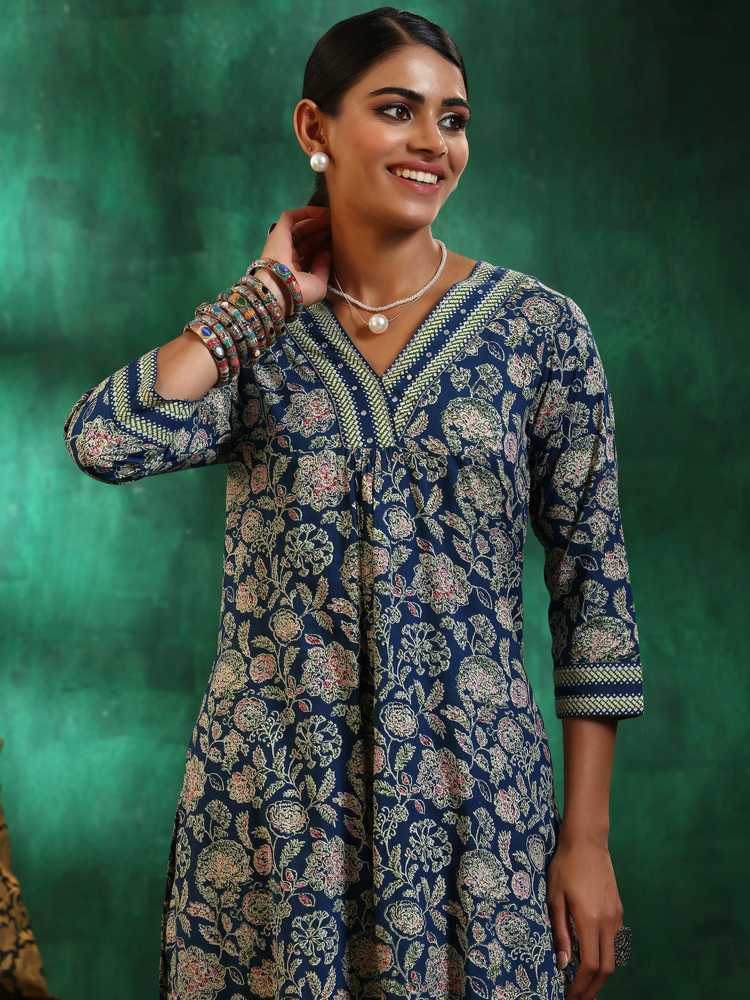  Blue Printed Cotton Straight Kurta Set 
