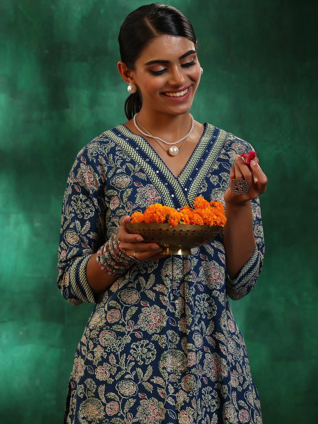  Blue Printed Cotton Straight Kurta Set 