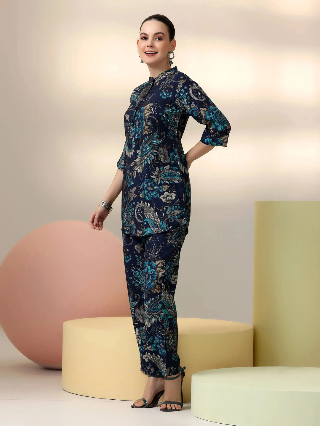  Blue Printed Silk Blend Co-Ords 