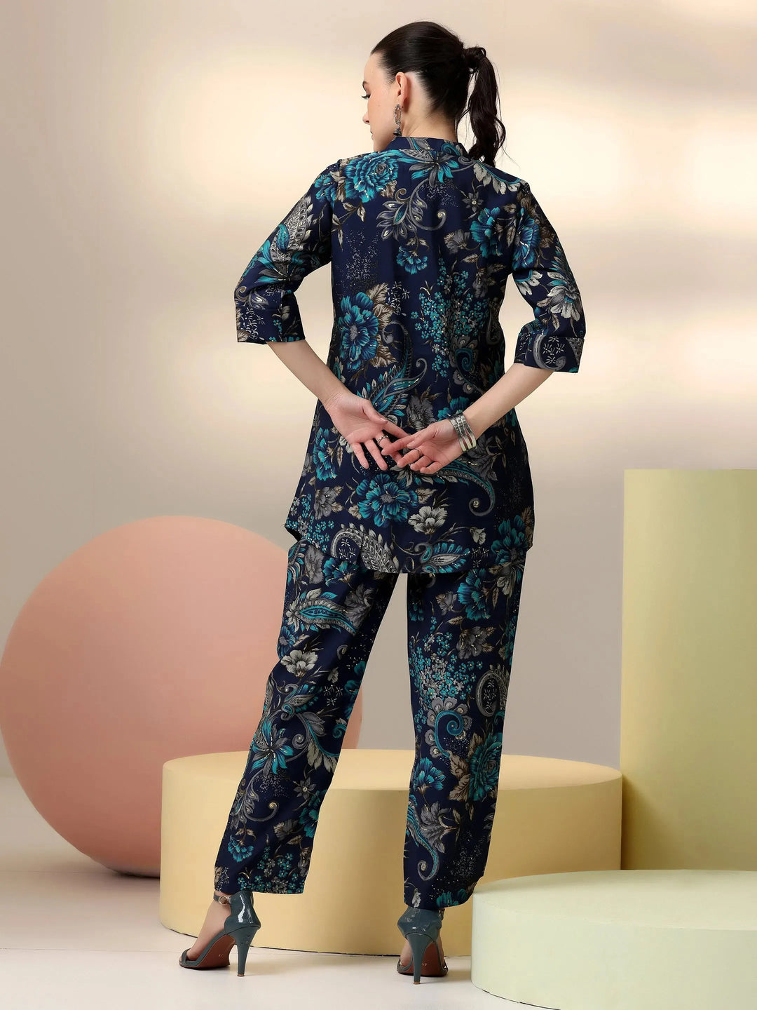  Blue Printed Silk Blend Co-Ords 