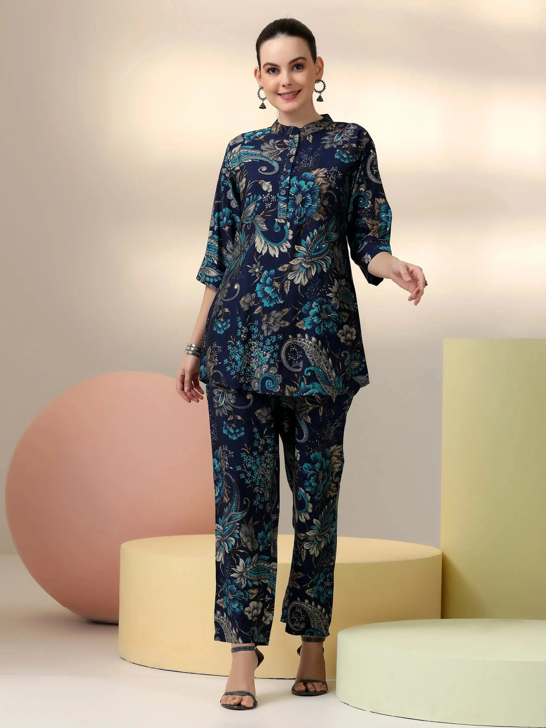  Blue Printed Silk Blend Co-Ords 