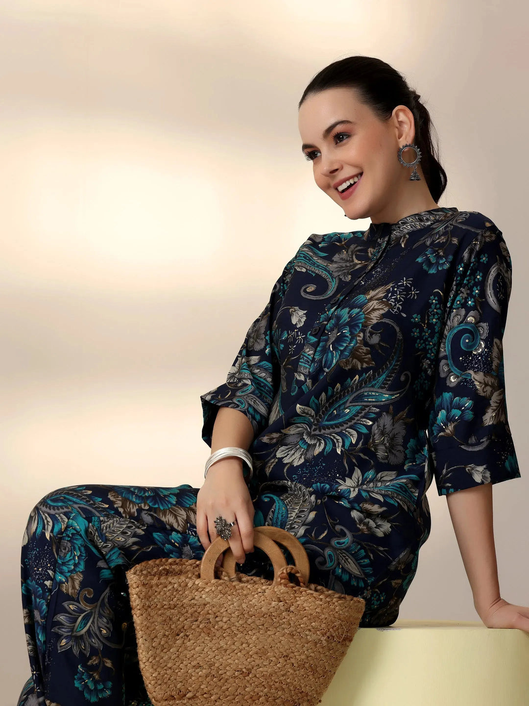  Blue Printed Silk Blend Co-Ords 