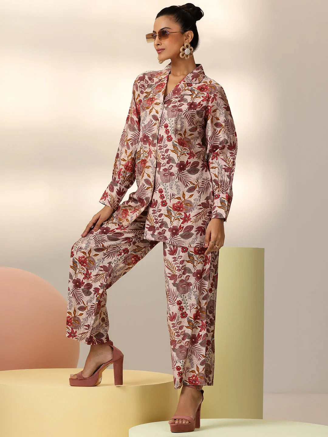  Off White Printed Silk Blend Co-Ords 