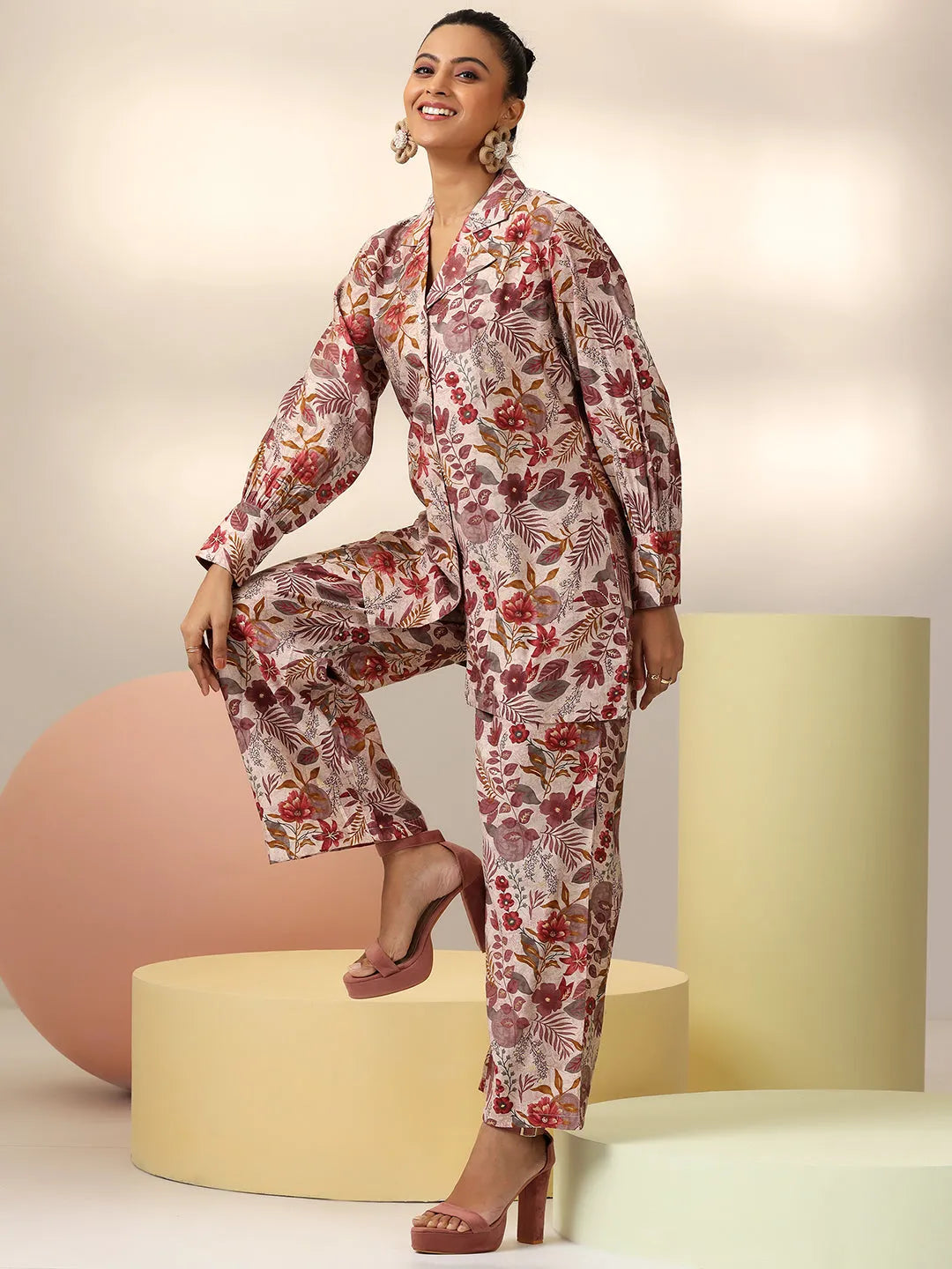  Off White Printed Silk Blend Co-Ords 