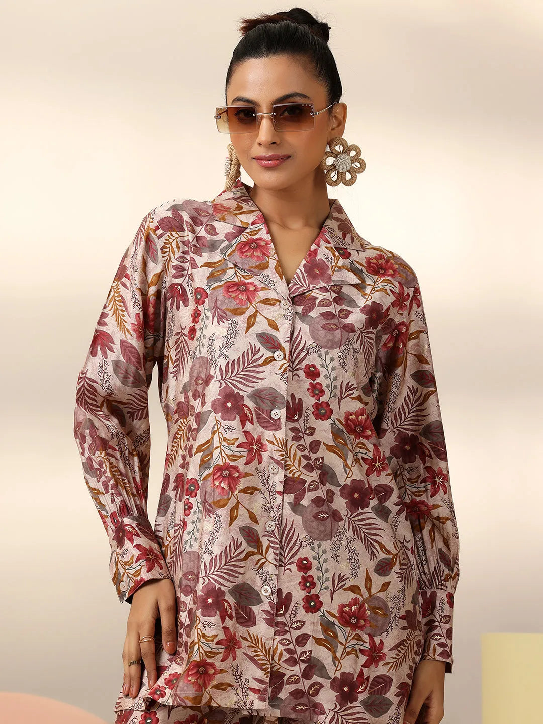  Off White Printed Silk Blend Co-Ords 