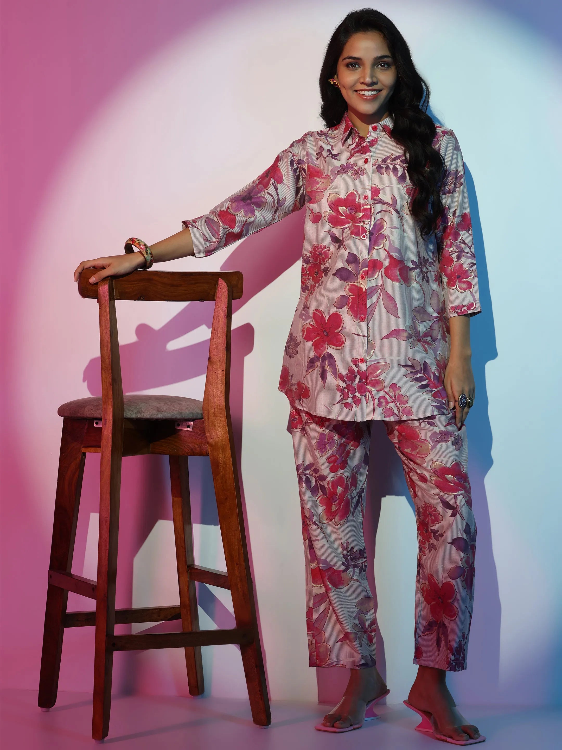Mauve Printed Silk Blend Co-Ords-image-17