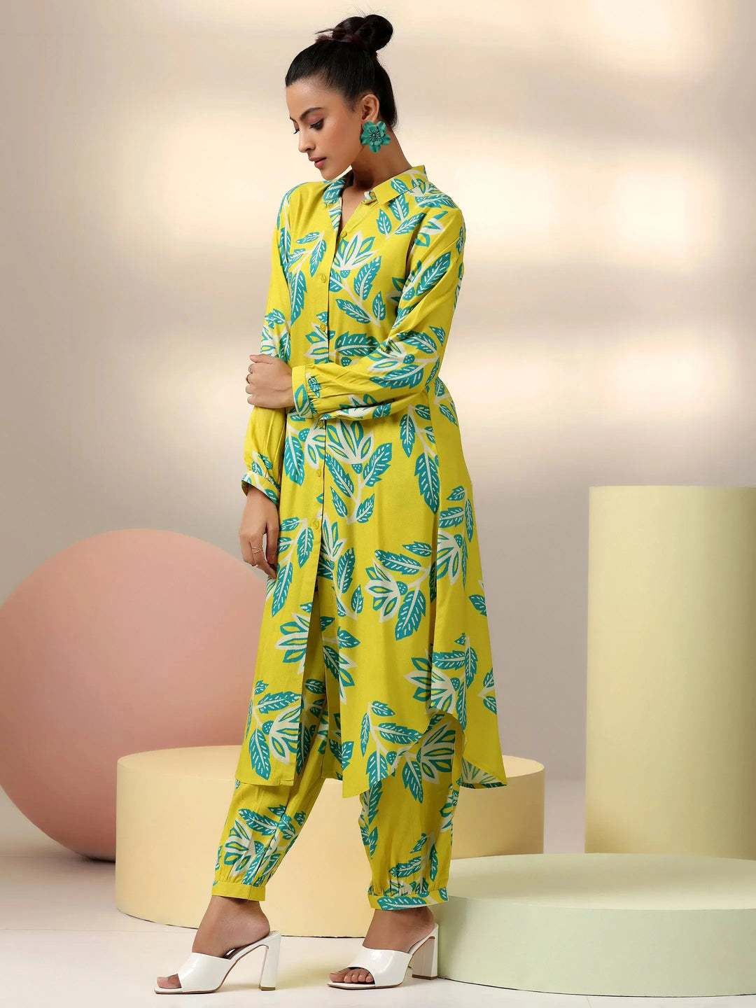  Lime Printed Silk Blend Co-Ords 