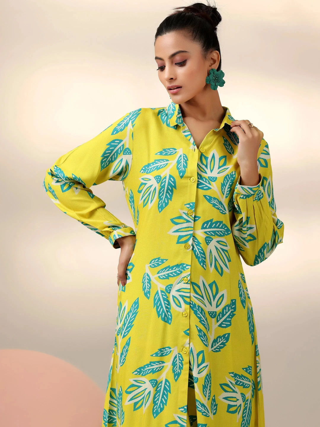  Lime Printed Silk Blend Co-Ords 