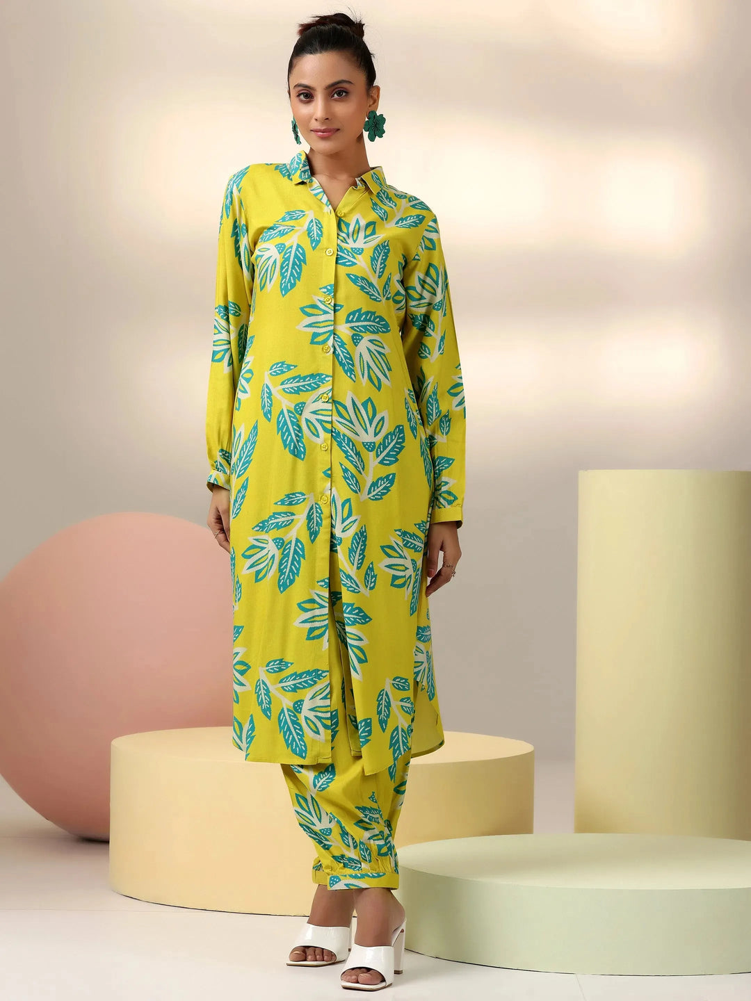  Lime Printed Silk Blend Co-Ords 