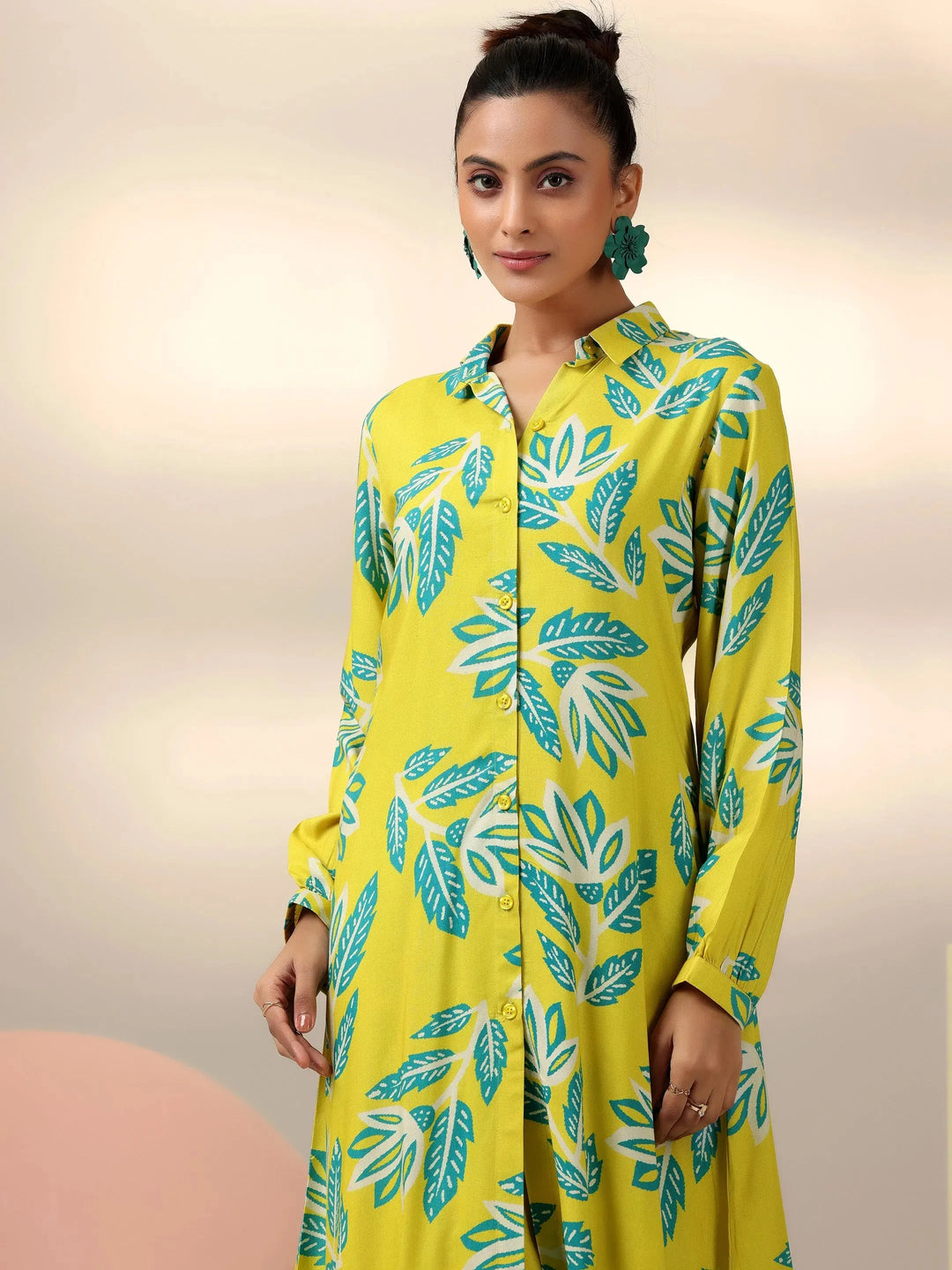  Lime Printed Silk Blend Co-Ords 