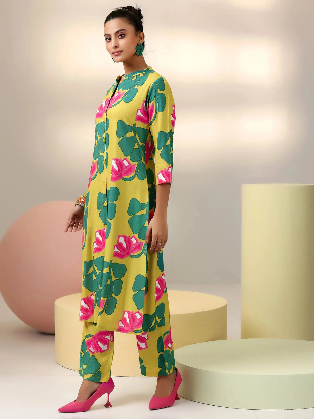  Lime Printed Silk Blend Co-Ords 