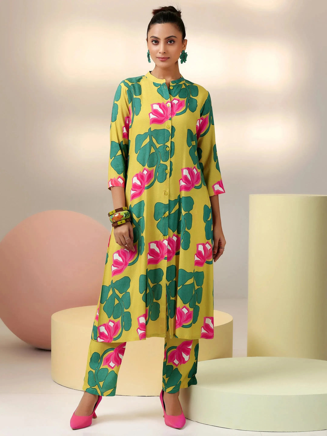  Lime Printed Silk Blend Co-Ords 