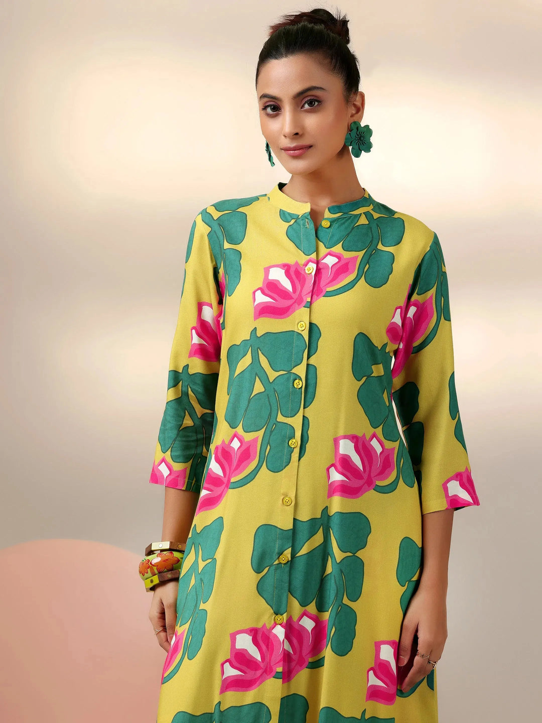  Lime Printed Silk Blend Co-Ords 